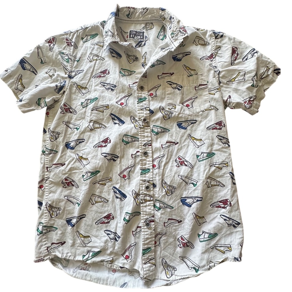 Cornerstore Bodega Mens Small White Sneaker Print Short Sleeve Button Down Shirt